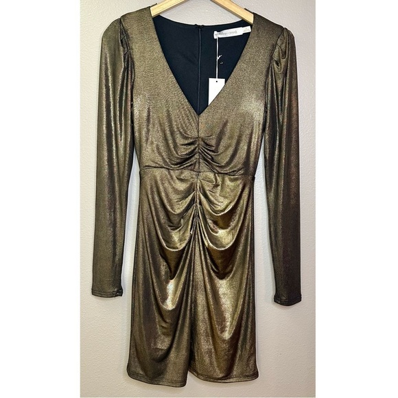 NWT Bishop + Young Luxe Metallic Long Sleeved Ruched Fitted Mini Dress Party - Picture 2 of 7